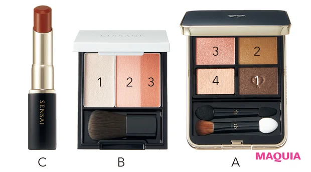 【A】オンブルクルールクアドリ 7 【B】リサージ スキンフィットチーク BE1 【C】センサイ ラスティングプランプリップスティック LP08