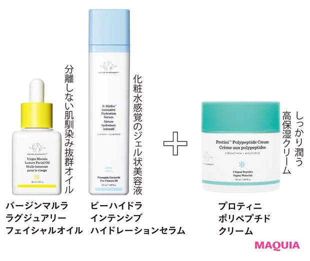 （右）プロティニ ポリペプチド クリーム 50mL￥7920、（中）ビーハイドラ インテンシブ ハイドレーションセラム 50mL ￥5610、（左）バージンマルラ ラグジュアリー フェイシャルオイル 30mL ￥8470／ドランク エレファント