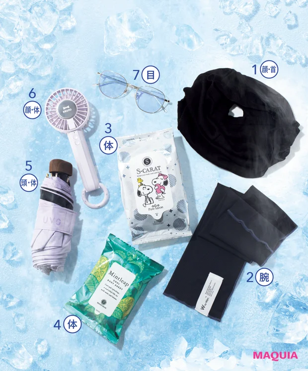 マキア　ひんやりコスメ　ハンディファン　日傘　サングラス　ボディシート　アームカバー　フェイス＆ネックガード　2
