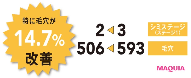 シミステージ (ステージ1) 3→2 毛穴 593→506 特に毛穴が14.7%改善