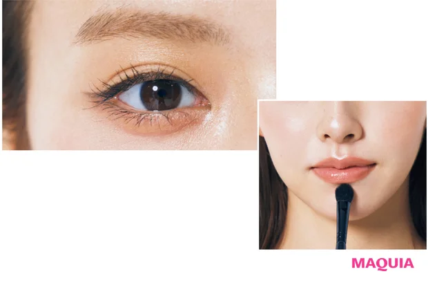 アイホールにマットなベージュトーンの影色bをのせると、目元がすっきり見える。