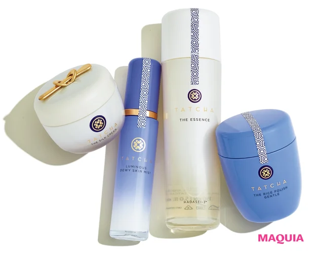 タッチャ(右から)ライス ポリッシュ ジェントル 60g ¥7700、エッセンス 150ml ¥13000、ルミナス デューイー スキン ミスト 40ml ¥5500、シルク クリーム 50ml ¥15000/タッチャ ジャパン(9/28発売)