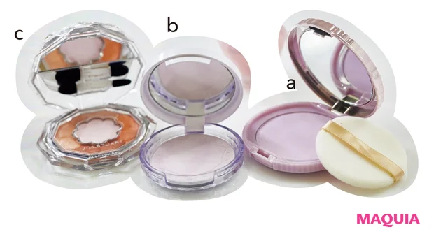 a キャンメイク トランスペアレントフィニッシュパウダー PL、b セザンヌ UVクリアフェイスパウダー P1、c ジルスチュアート ブルームクチュール アイズ ブルームドロップ 10/本人私物