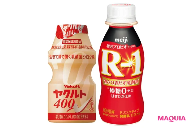 (右から)1073R-1乳酸菌を配合。明治プロビオヨーグルトR-1ドリンクタイプ砂糖0甘さひかえめ 112ml ¥132(編集部調べ)/明治 1本に400億個の乳酸菌 シロタ株が。ヤクルト400 80ml ¥80(編集部調べ)/ヤクルト本社