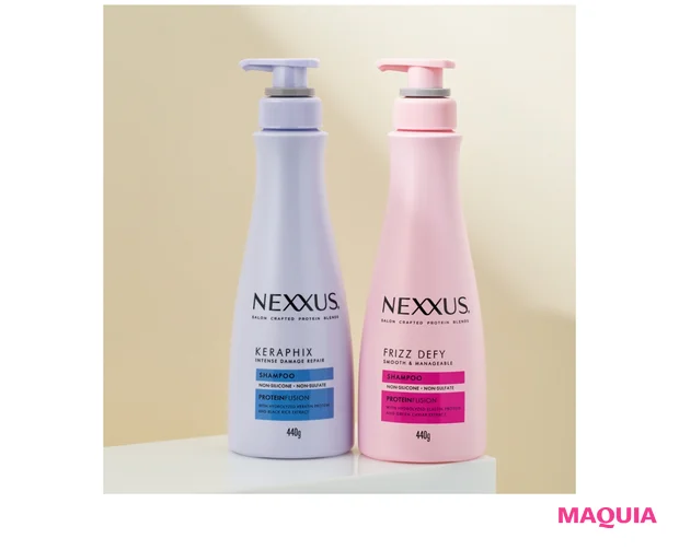 NEXXUS(右から)スムース&マネージャブル シャンプー、インテンスダメージリペア シャンプー 440g 各¥1480/ユニリーバ(4/10発売)