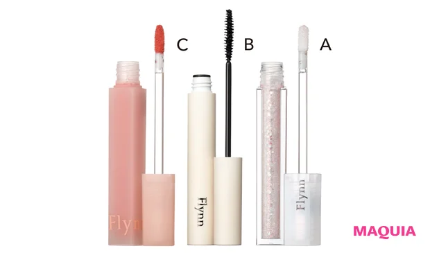 A ライトキャッチャーリキッドグリッター 01 ¥1190、B アンリミット ロング&カールマスカラ ¥1320、C ブリーズベルベットティント 03 ¥1760/フリン