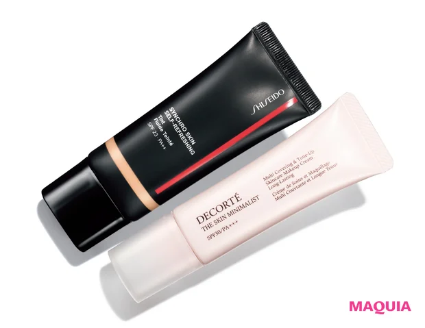 (上)SHISEIDO シンクロスキン セルフリフレッシング ティント SPF23・PA++ 30g 全4色 各¥5060(9/1発売) (下)コスメデコルテ ザ スキン ミニマリスト SPF30・PA+++ 30g ¥4180(8/21発売)