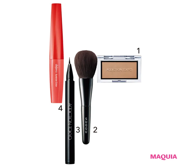 1ザ ブラッシュ マット Naked Veil ¥3300／アディクション ビューティ　2フェイス パウダー ブラシ ¥33000／SUQQU　3アイブロウリキッド  マイクロ  Espresso ¥2750／アディクション ビューティ　4デジャヴュ アイブロウカラー ナチュラルブラウン ¥880／イミュ