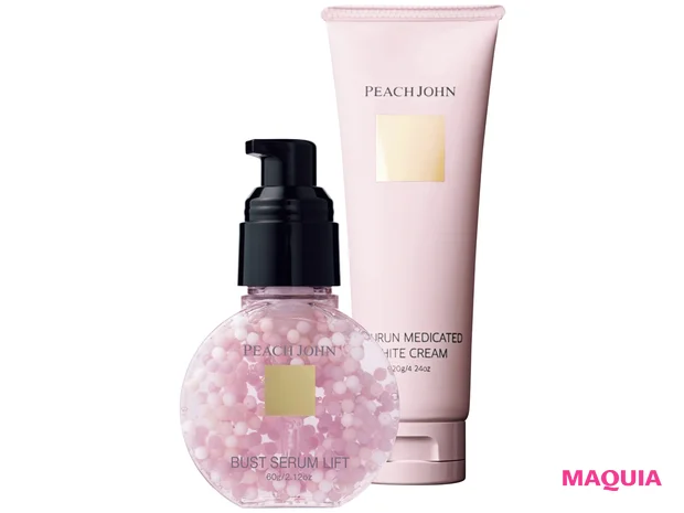 (右)ヒップのお手入れに。PJ BEAUTY ヒップルン薬用ホワイトクリーム (医薬部外品) 120g ¥1980、(左)バストのハリをサポート。同 バストセラムリフト 60g ¥3980/ピーチ・ジョン