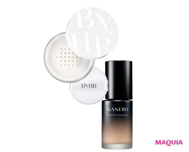 （右から）カネボウ コンフォートスキン ウェア SPF20～26･PA++～+++ 全8色 30ml 各￥6930／カネボウインターナショナルDiv.（8月25日発売）、バイユア セラムフィット ルースフェイスパウダー 01 10g ￥2090／Hamee