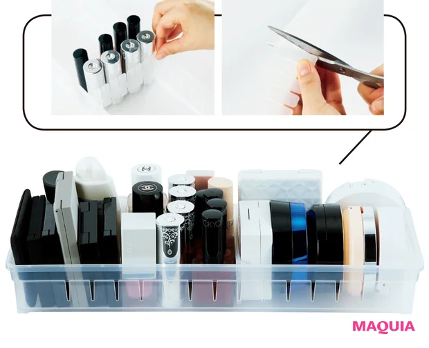 間仕切りボードは、トレーの幅に合わせてハサミで切ることで長さを自由に調節できる。