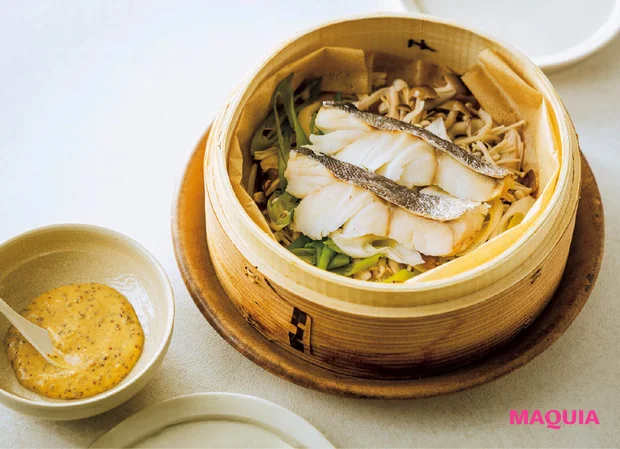 せいろ蒸し レシピ りよ子 鱈&きのこ&ねぎ蒸し(味噌マスタードだれ)