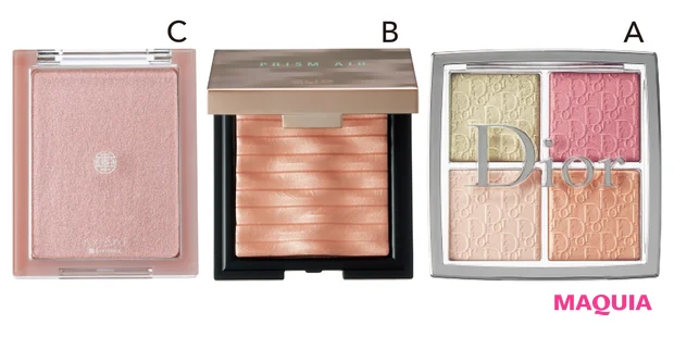 A ディオール バックステージ フェイス グロウ パレット 004 ￥5390／パルファン・クリスチャン・ディオール　B プリズム エアー ハイライター 04 ￥2750／クリオ　C ロムアンド ヴェールライター 02 ￥1430／PLAZA