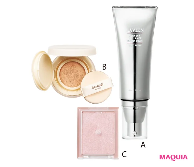 A LAVIEN パーフェクトラディアンストーンアップクリーム SPF37・PA+++ 30ml ¥7480 B Serendi Beauty パーフェクトエアリーカバークッション ¥5500 C rom&nd ヴェールライター 02 ¥1430