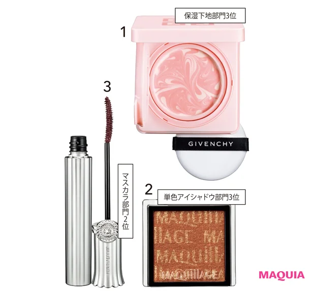 1 スキン PFCT コンパクト クリーム SPF15・PA+ 12g ¥9680／パルファム ジバンシイ　2 ドラマティックアイカラー （パウダー） OR531 ¥990 （編集部調べ）／マキアージュ　3 ブルーミングラッシュ ニュアンスカーラー 02 ¥3300／ジルスチュアート　ビューティ