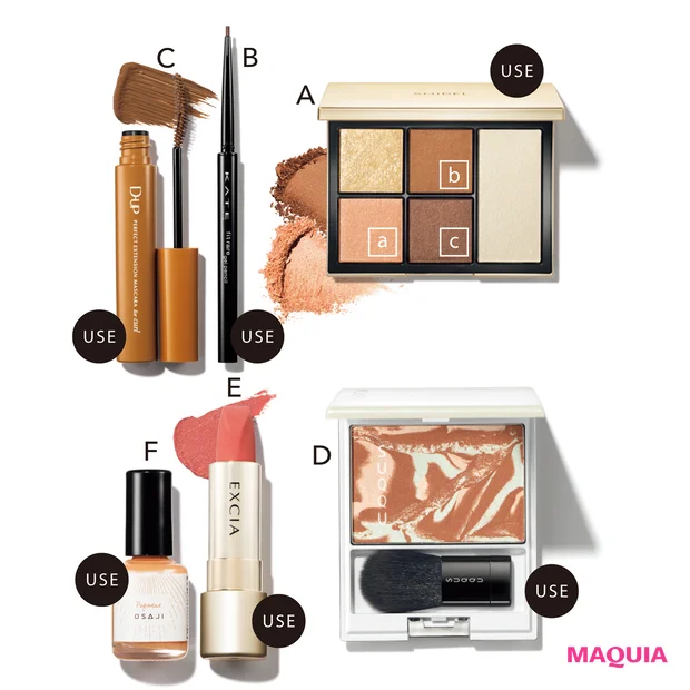 A フェイス スタイリスト 02 ¥6380/スナイデル ビューティ(5月10日発売) B ケイト レアフィットジェルペンシルN BR-2 ¥1210(編集部調べ)/カネボウ化粧品(4月22日発売) C パーフェクトエクステンション マスカラ for カール モカベージュ ¥1650/ディー・アップ D ピュア カラー ブラッシュ 140 ¥6050/SUQQU(5月12日限定発売) E エクシア ルージュ ヌバック PK101 ¥4950/アルビオン F アップリフト ネイルカラー 38 ¥1980/OSAJI