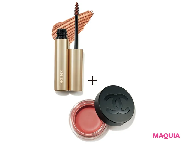 アイブロウ マスカラ EX01 ¥2640/スナイデル ビューティ(限定色)、リップ&チーク ボーム N°1 ドゥ シャネル 2 ¥6050/シャネル