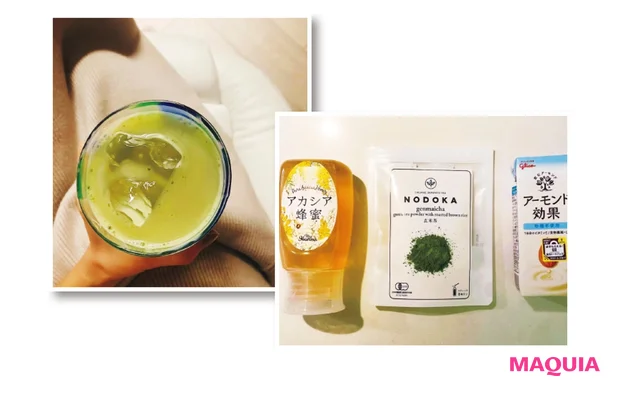 「アーモンドミルクに、抹茶パウダー大さじ1、蜂蜜を好みの量入れるだけだから簡単」