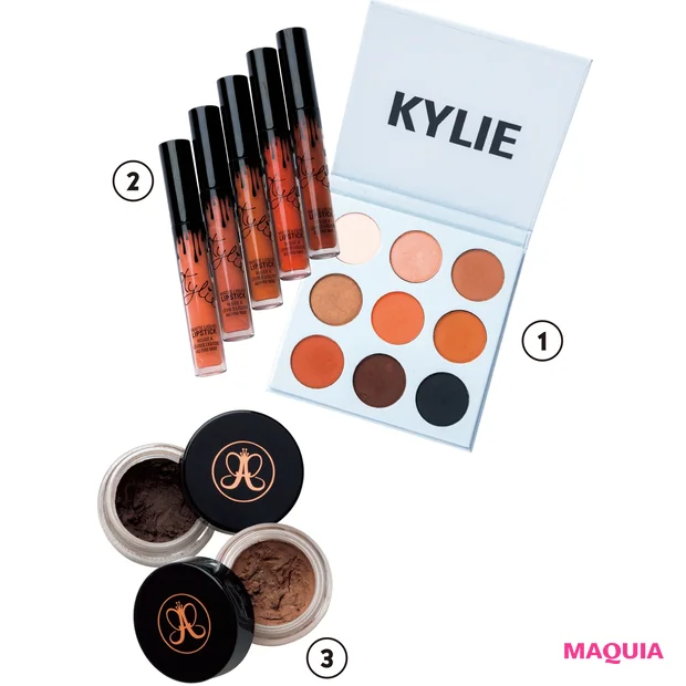 ①Kyshadow The Bronze Pallete $42、②Matte Liquid Lipstick 各$17/Kylie Cosmetics ③Dipbrow Ⓡ Pomade Chocolate、Caramel 各$21/Anastasia Beverly Hills