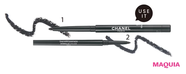 1 スティロ ユー ウォータープルーフ M 88 ¥3520/シャネル 2 ミネラリスト ラスティング アイライナー オニキス ¥2750/ベアミネラル