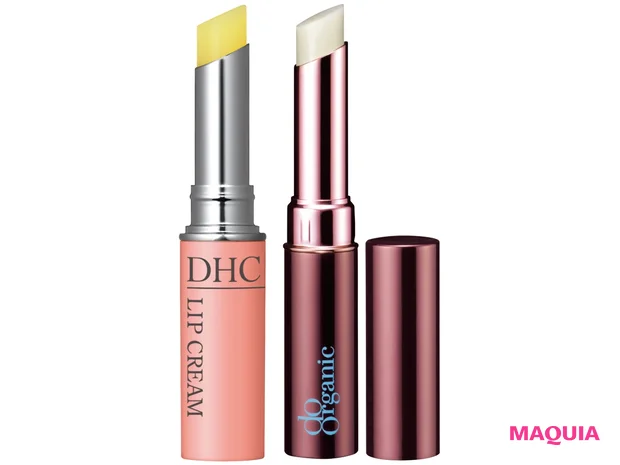 （右から）ドゥーオーガニック コンデンスト リップ バーム ￥2500／ジャパン・オーガニック、薬用 リップクリーム[医薬部外品] ￥700／DHC