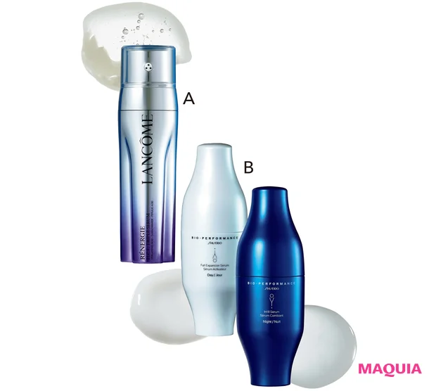 Aレネルジー HCF トリプルセラム 50ml ¥23100/ランコム Bビオパフォーマンス スキンフィラー (右)インフィル セラム (左)フルエクスパンション セラム 各30ml ¥35200(2本セット)/SHISEIDO