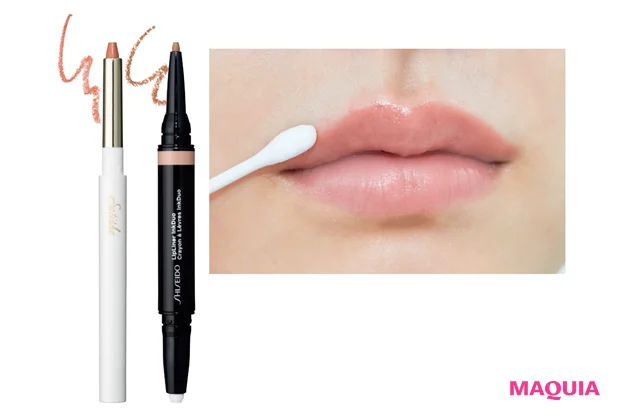 (右)リップライナーインクデュオ 02 ¥2860/SHISEIDO (左)サティシェ スムースタッチ リップライナー ペンシル PK ¥2750/CPコスメティクス