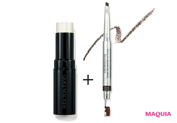 ディオールショウ カブキ ブロウ スタイラー ウォータープルーフ 032 ¥3850/パルファン•クリスチャン•ディオール、ザ グロウ スティック 102G ¥4180/アディクション ビューティ(限定色)