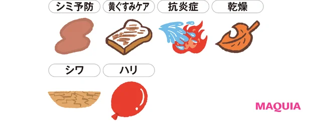 シミ予防　黄ぐすみケア　抗炎症　乾燥　シワ　ハリ