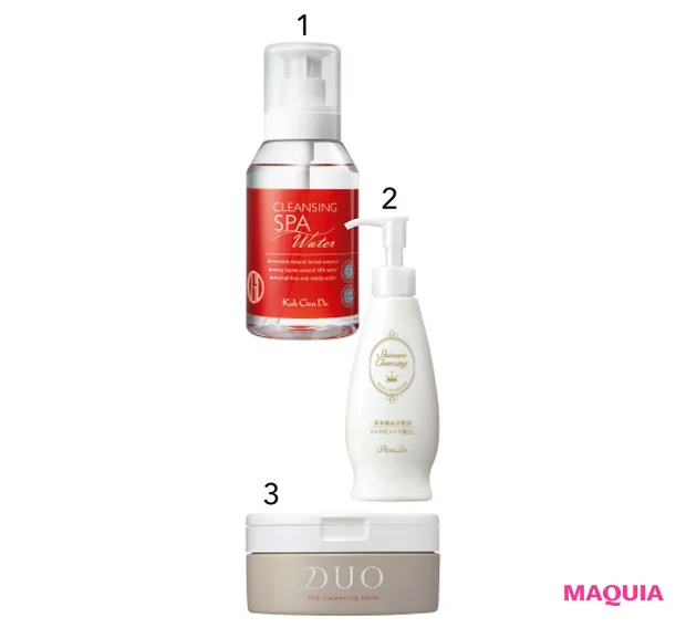 1クレンジングウォーター 380ml ¥3520/Koh Gen Do 2スキンケアクレンジング 120g ¥1320/パラドゥ 3デュオ ザ クレンジングバーム 90g ¥3960/プレミアアンチエイジング