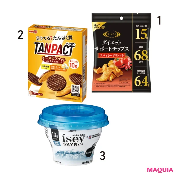 1ダイエットサポートチップス スパイシーチリトマト 39g ¥194/ライザップ 2タンパクト チーズビスケット ミルクチョコレート 12枚 ¥289/明治 3イーセイ スキル 120g¥216/日本ルナ