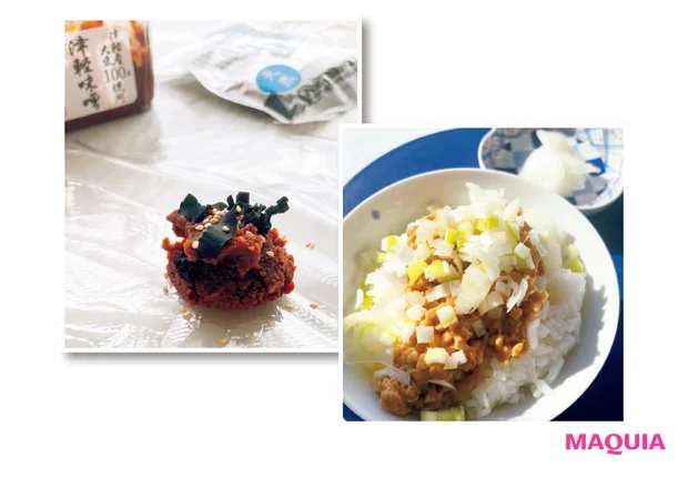 写真下は納豆ねぎごはん。漬物も添えて。左は、わかめやごま入りの味噌玉。お湯を注ぐだけで味噌汁に。