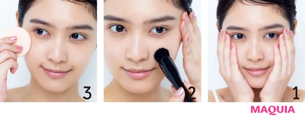 下地はハンドプレスでしっかりフィットさせ、パウダリーFDはブラシを使い毛穴を埋めるチェック塗りを。