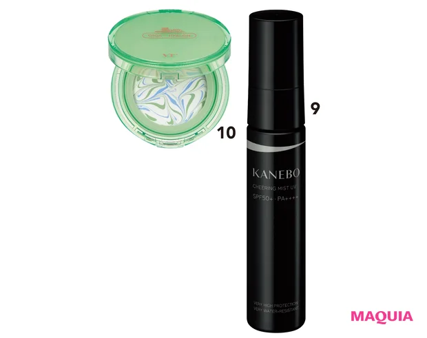 9 KANEBO チアリング ミスト UV SPF50+・PA++++ 30ml ￥3300／カネボウインターナショナルDiv.　10 CICA エッセンスサンパクト SPF50+・PA++++ 10g ￥1760／VT COSMETICS