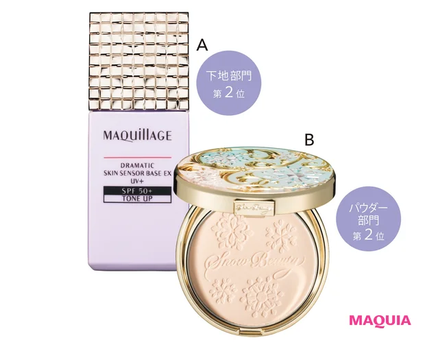 Aドラマティックスキンセンサーベース EX UV+ トーンアップ SPF50+・PA++++ 25ml ¥2860（編集部調べ）／マキアージュ　Bスノービューティー ホワイトニング スキンケアパウダーP［医薬部外品］ 25g ¥7150／資生堂