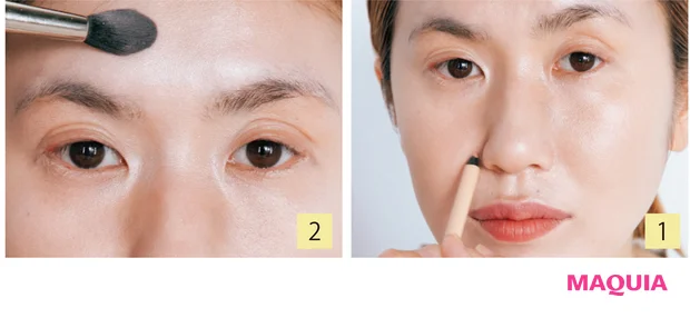 影を消して平らに。鼻根と目元もハイライトで抜けを