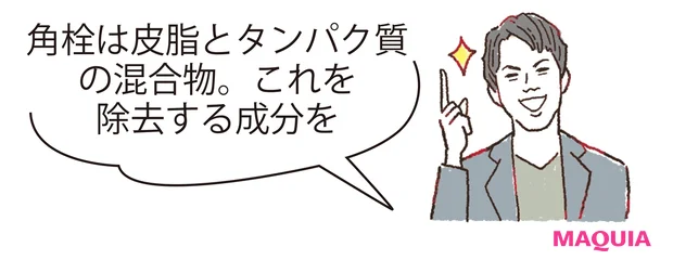 角栓は皮脂とタンパク質の混合物。これを除去する成分を