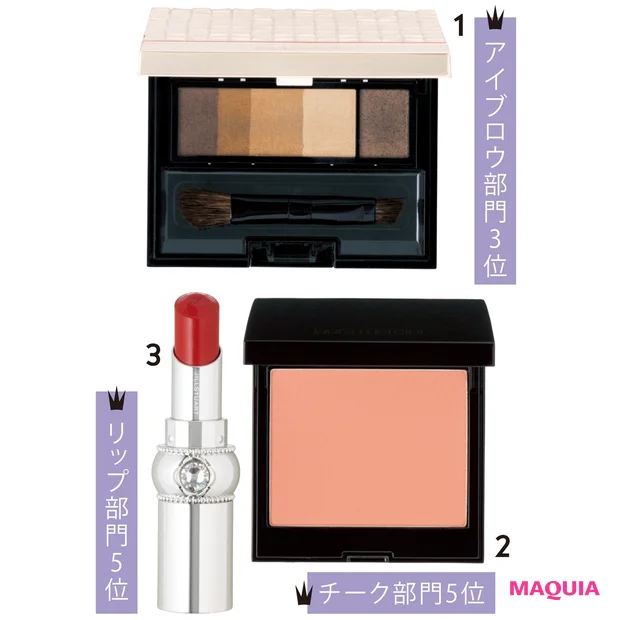 1 アイブロースタイリング 3D 50 ¥1800、ケース ¥700(編集部調べ)/マキアージュ 2 ブラッシュ カラー インフュージョン 06 ¥3500/ローラ メルシエ ジャパン 3 ルージュ リップブロッサム 201 ¥2800/ジルスチュアート ビューティ