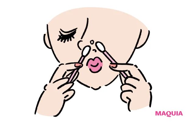 お風呂の後など、角栓が出かかっているものを清潔な綿棒で軽く取り去るくらいならOK。ぎゅっと押し出すのはNG。