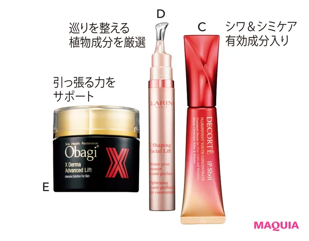 C iP.Shot プルリポテント ユース コンセントレイト[医薬部外品] 20g ￥11000／コスメデコルテ　D グラン アイ セラム V 15ml ￥7150／クラランス　E オバジX ダーマアドバンスドリフト 50g ￥11000／ロート製薬