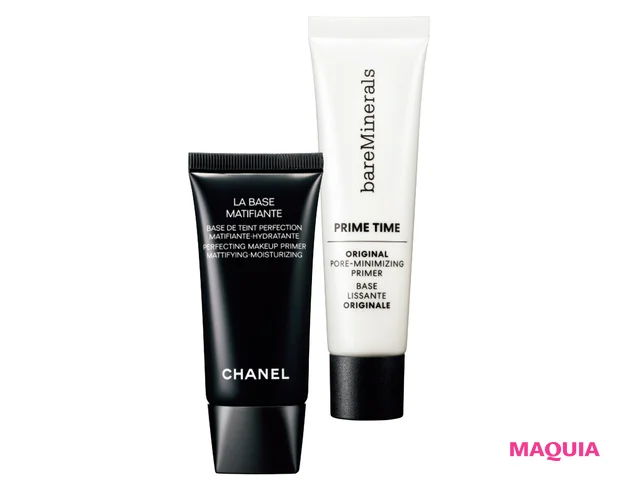 （右から）プライム タイム オリジナル ポア 30ml ￥4620／ベアミネラル、ラ バーズ マティフィアント 30ml ￥6930／シャネル