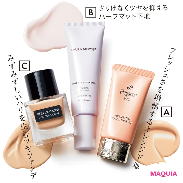 Aモデリング カラーアップ ベース SPF25・PA++ OR200 ¥4500/エレガンス コスメティックス Bピュア キャンバス プライマー ブラーリング ¥4200/ローラ メルシエ ジャパン Cアンリミテッド グロー フルイド SPF18・PA+++ 全24色 各¥5400/シュウ ウエムラ