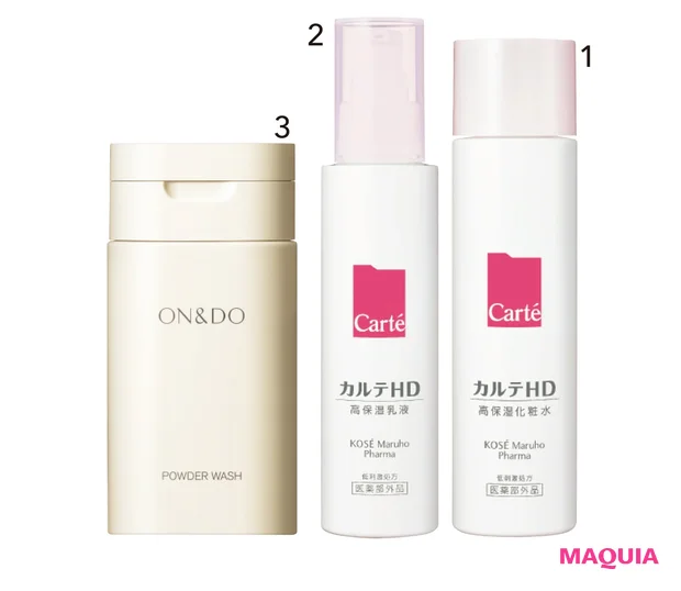 1保湿強化のエリアに。カルテHD　モイスチュア ローション [医薬部外品] 150ml ￥1800 （編集部調べ）、2同 モイスチュア エマルジョン [医薬部外品] 120ml ￥1800 （編集部調べ）／コーセー マルホ ファーマ　3ターンオーバーを促進しニキビ予防に。ON&DO パウダーウォッシュ 40g ￥3500／MTG
