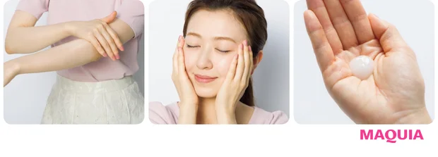 シミ予防のためにも、きちんと効かせるために、使用量はたっぷり、さくらんぼ粒大の量を。