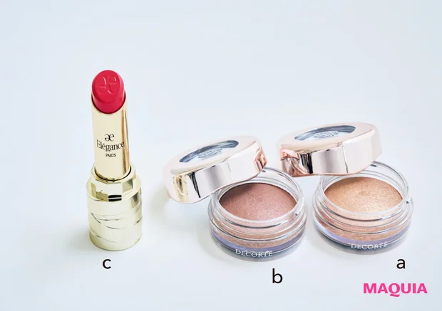 a アイグロウジェム スキンシャドウ 06G、b 同 14G 各¥2970/コスメデコルテ c ルージュ クラジュール 06 ¥4180/エレガンス コスメティックス