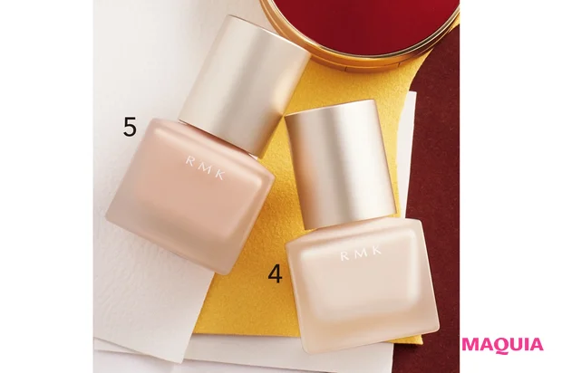 4 メイクアップベース SPF4 30ml ¥4070、5 リクイドファンデーション 全2色 SPF14・PA++ 各¥4950/RMK Division(3/4限定発売)