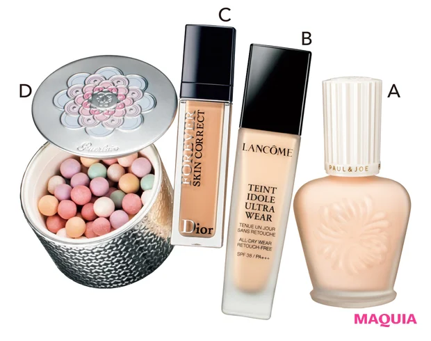 A プロテクティング ファンデーション プライマー SPF50+･PA++++ 30ml 全2色 各￥3850／ポール & ジョー ボーテ　B タンイドル ウルトラ ウェア リキッド SPF38･PA+++ 30ml 全13色 各￥6930／ランコム　C ディオールスキン フォーエヴァー スキン コレクト コンシーラー 11ml 全7色 各￥4620／パルファン・クリスチャン・ディオール　D メテオリット ビーユ 02 ￥8470／ゲラン