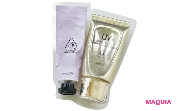 右 アルビオン スーパーUVカット インテンシブ デイクリーム SPF50+・PA++++、左 3CE BACK TO BABY PORE VELVET PRIMER SPF20・PA+++/本人私物