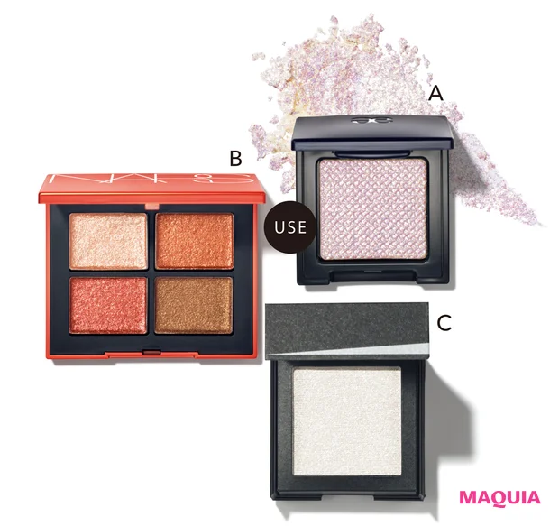 A エレガンス ラズル スターアイカラー S03 ¥2750/エレガンス コスメティックス B クワッドアイシャドー 03140 ¥6710/NARS JAPAN(6月16日限定発売) C KANEBO ブライトフューチャーボックス EX1 ¥4070/カネボウインターナショナルDiv.(5月1日限定発売)