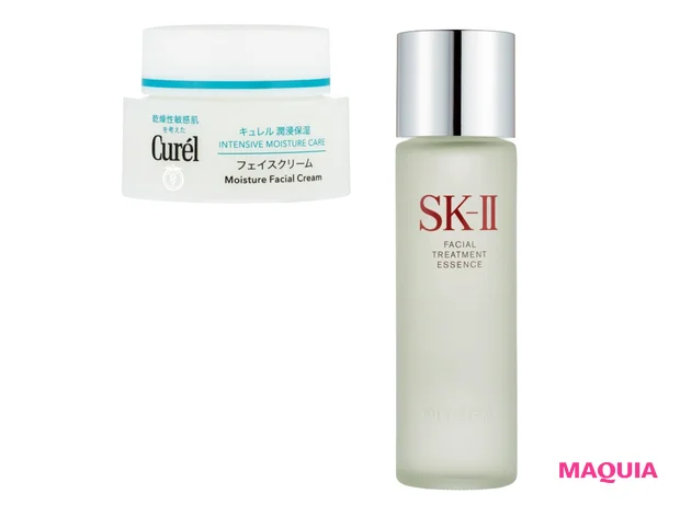 (右)フェイシャル トリートメント エッセンス 160ml ¥18700/SK-Ⅱ (上)キュレル 潤浸保湿 フェイスクリーム 40g (医薬部外品) ¥2530(編集部調べ)/花王